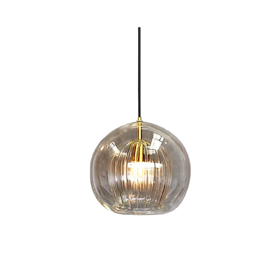 Moderne Aurora Sphere pendellampe med sfærisk glass, perfekt for stue og spiseplass. LED, varmhvitt lys.