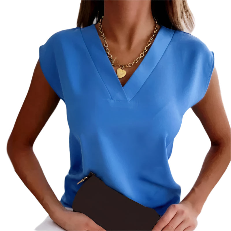 Moderne hvit dame V-hals topp, ermeløs bluse. Elegant og allsidig basisplagg for sommer og fest.