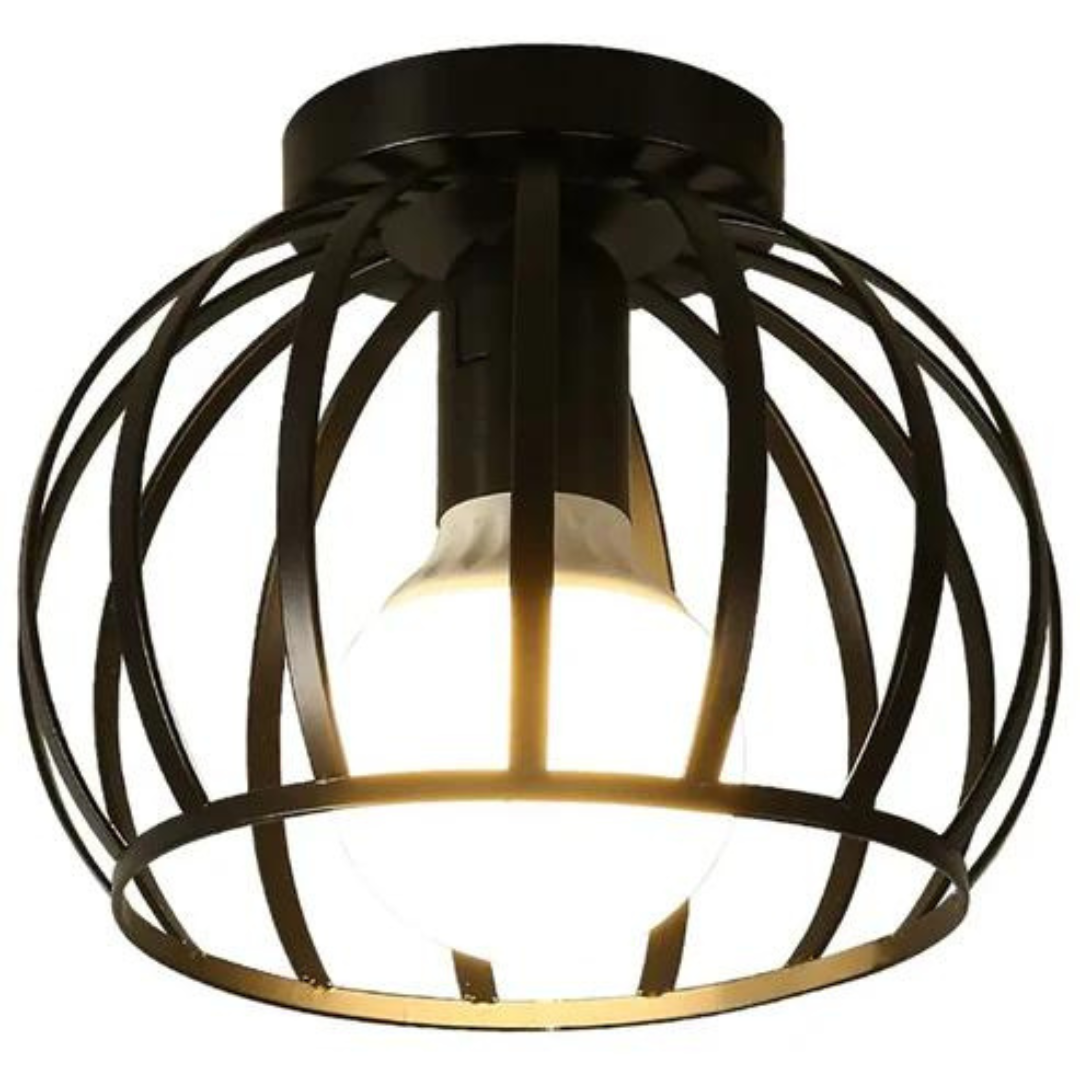 Moderne industriell taklampe med åpen sort metallramme, perfekt for stue eller soverom. LED-kompatibel.