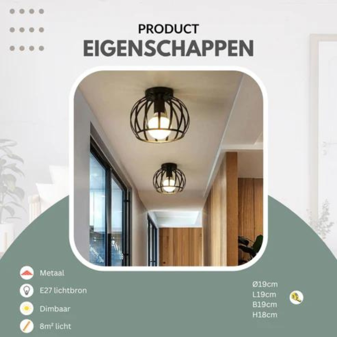 Stilren taklampe i sort metall med åpen geometrisk design. Moderne industriell belysning som passer stue/soverom.