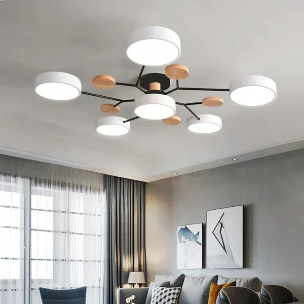 Moderne dimbar LED-taklampe med justerbare armer. En designlampe som forbedrer stue- og soveromsbelysning.