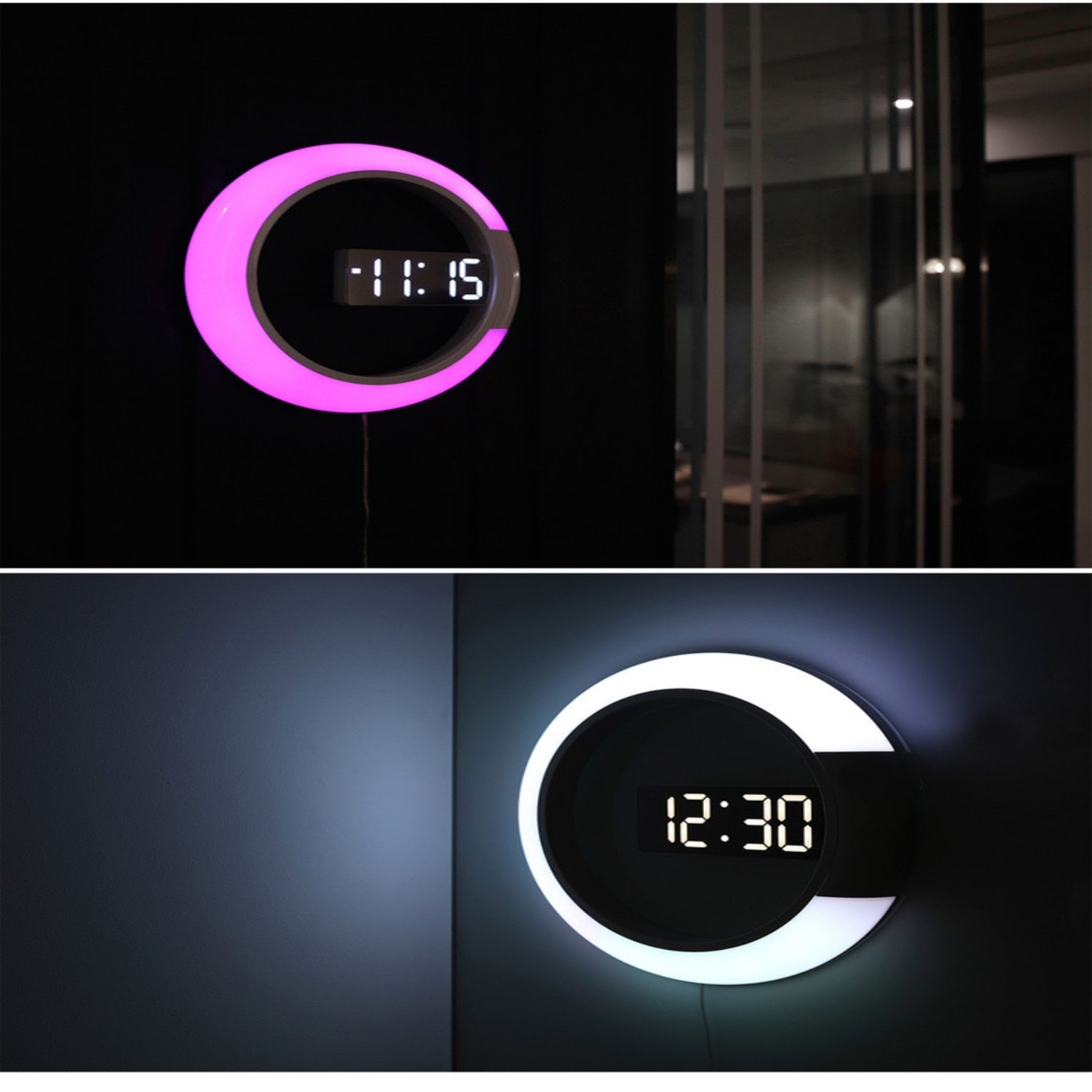 LED veggklokke i hvitt design med digital tids- og temperaturvisning for moderne hjem.