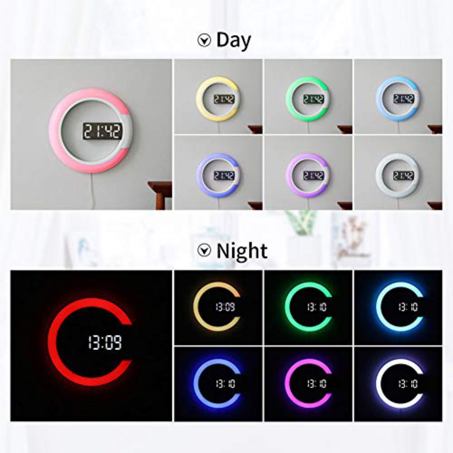 Moderne og minimalistisk veggklokke med lysende LED-skjerm, for et stilrent interiør.