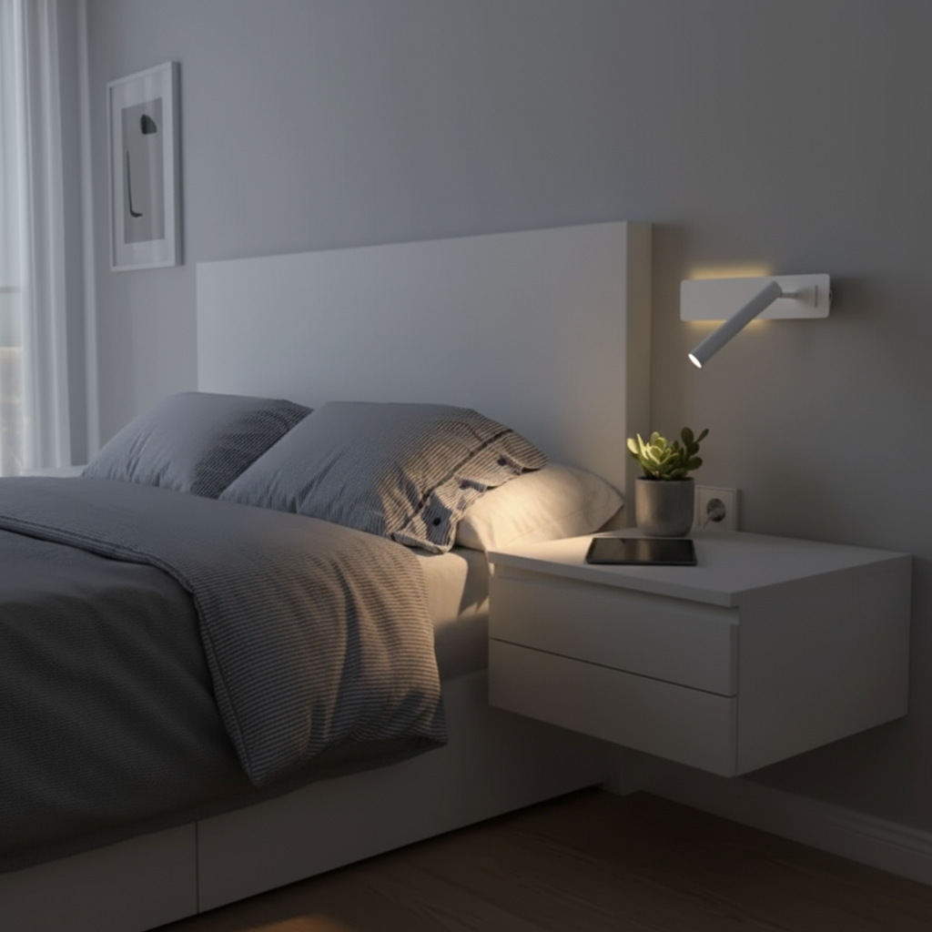 Elegant svart LED leselampe med justerbar arm, veggmontert. Ideell for moderne interiør i lesekroken.