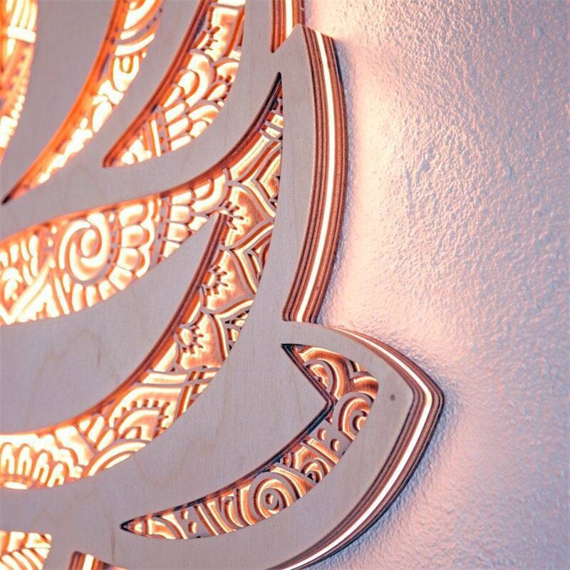 Veggmontert lotus mandala LED-lampe, perfekt for å skape en avslappet og åndelig atmosfære.