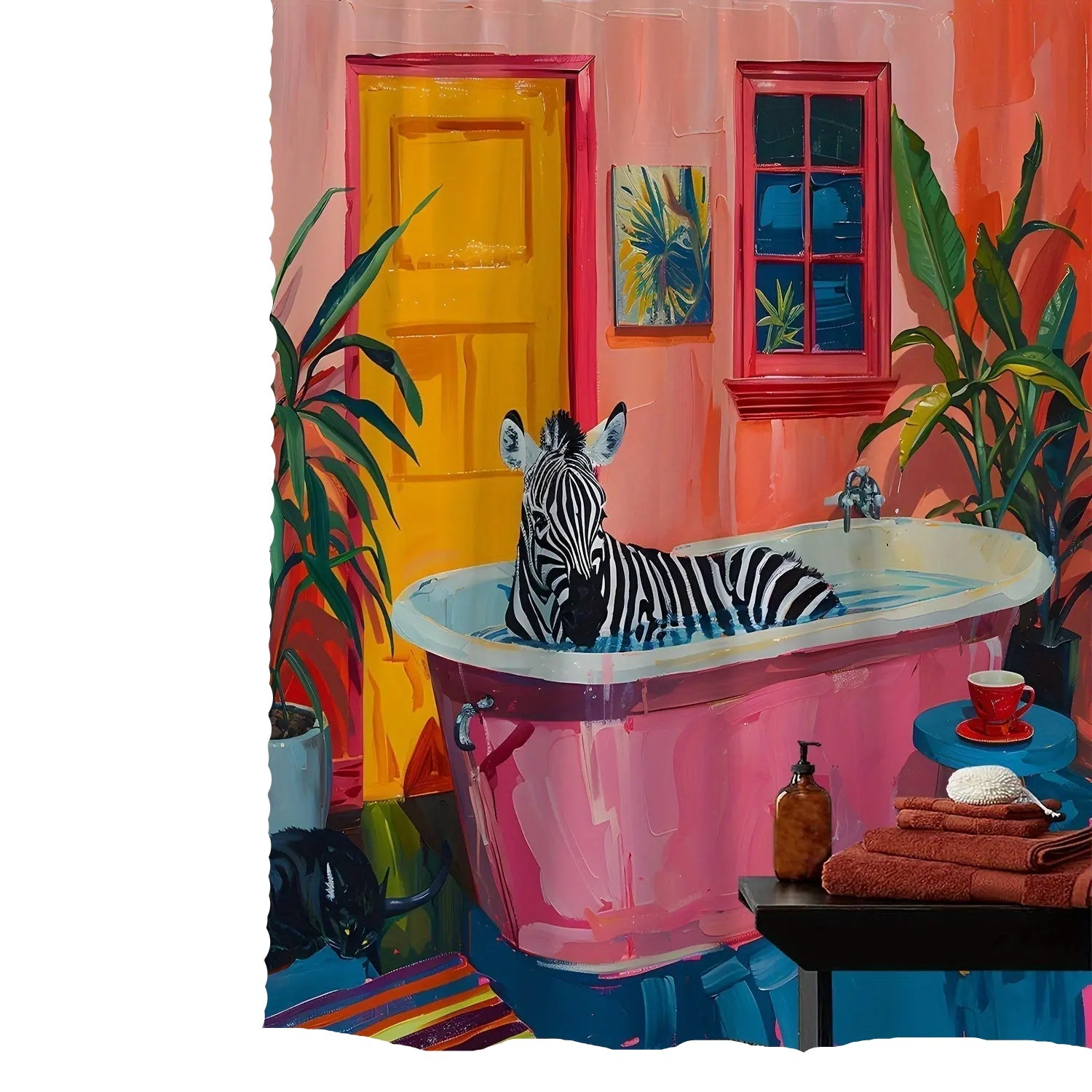Moderne rosa zebra dusjforheng; vanntett baderomsdekor med eksotisk dyremønster for et stilrent bad.