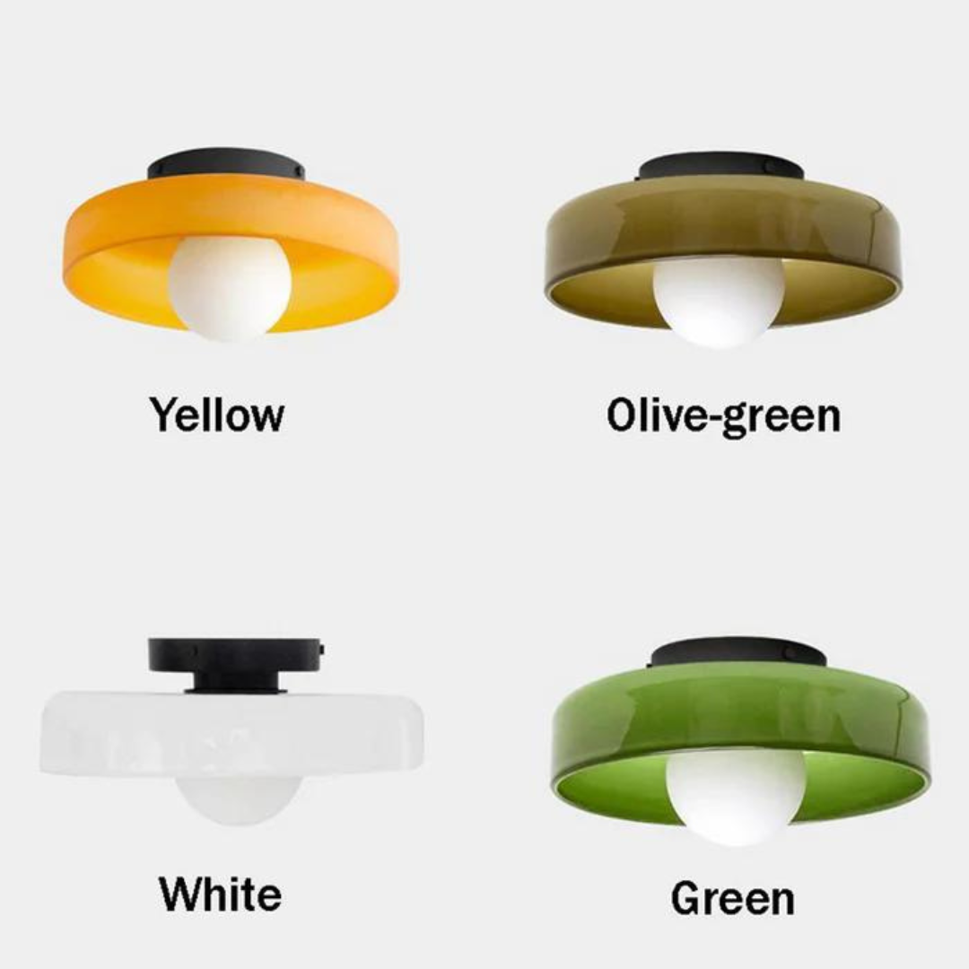 "Moderne runde Deckenleuchte aus Glas, elegant, in verschiedenen Farben, passend für Wohnzimmer oder Flur."