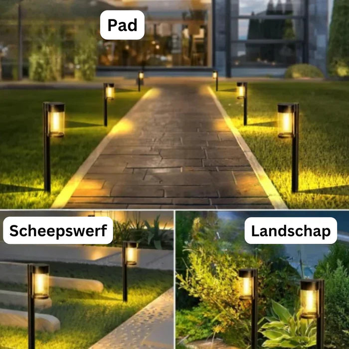 Vanntett solcellelampe lyser opp en sti i hagen om kvelden, skaper stemningsfull dekorativ utebelysning.
