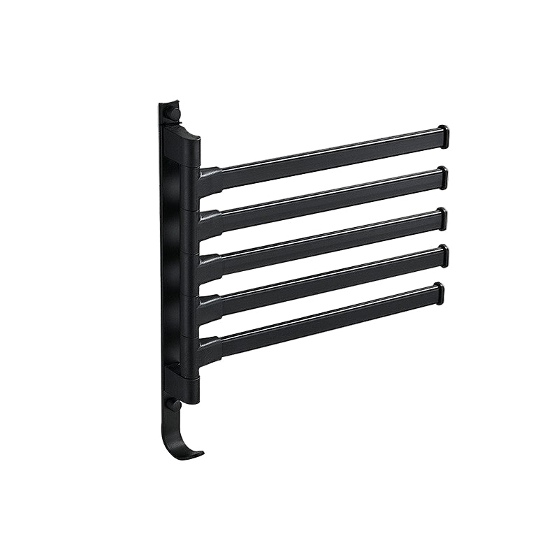 Moderne svart håndkleholder med 5 svingbare armer for baderom. Elegant, plassbesparende design for håndklær.