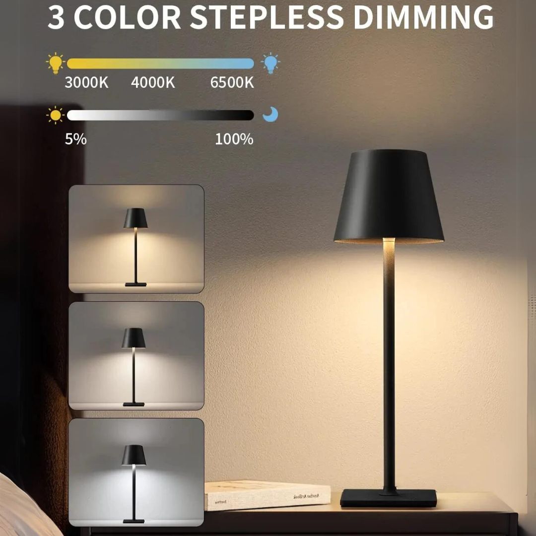 Trådløs stemningslys bordlampe, viser myk LED-belysning med berøringskontroll for justerbar atmosfære.