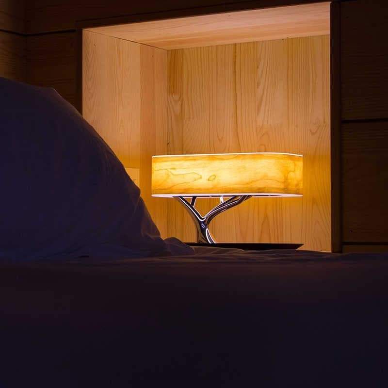 Smart trelampe for kontoret/hjemmet, med trådløs mobillading og Bluetooth høyttaler for musikk og lys.