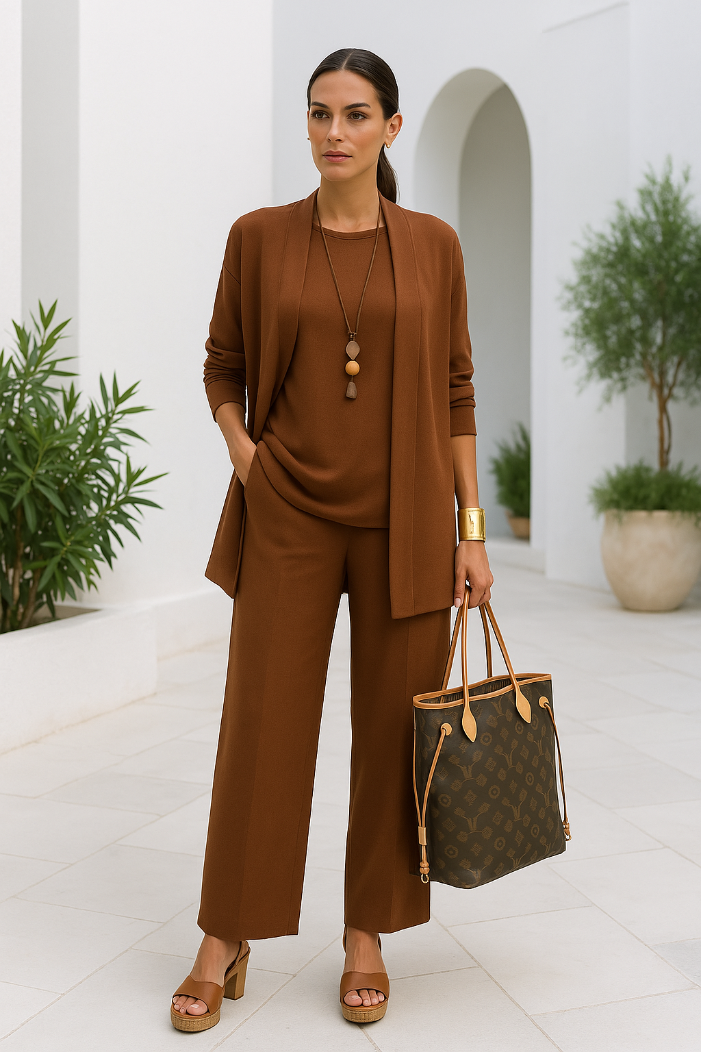 Trendy tredelt damesett med bukse, genser/topp og lett jakke. Mix-match for ulike anledninger.
