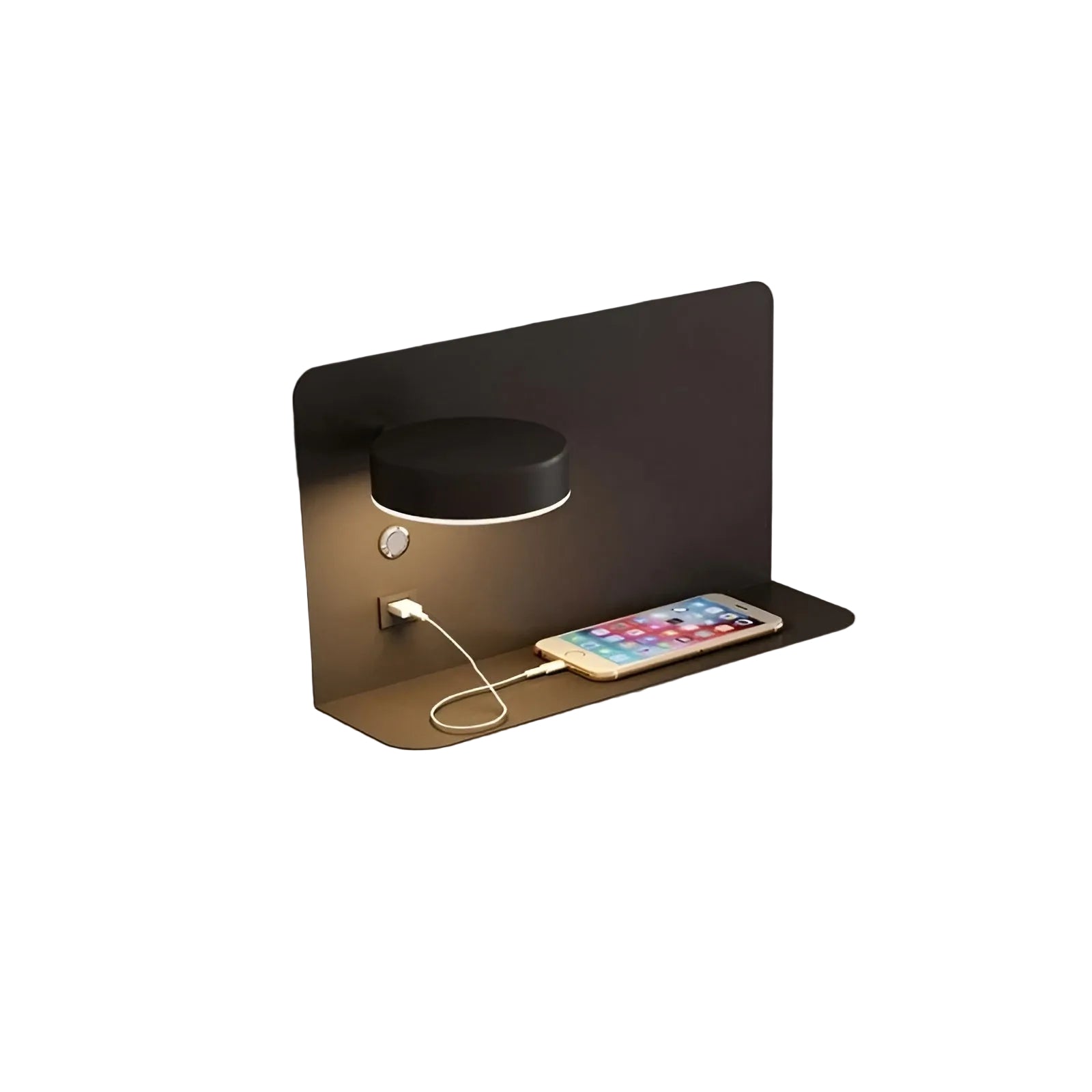 Moderne vegglampe med justerbart lys, integrert USB-lader og bryter. Perfekt for lesing i soverom eller stue.