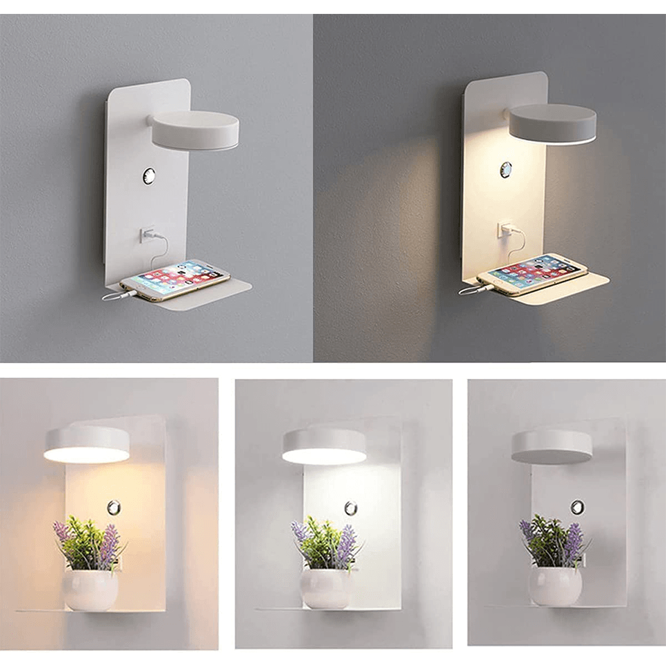 Moderne vegglampe med justerbart LED-lys og USB-ladestasjon. Optimaliserer belysning og lading på veggen.