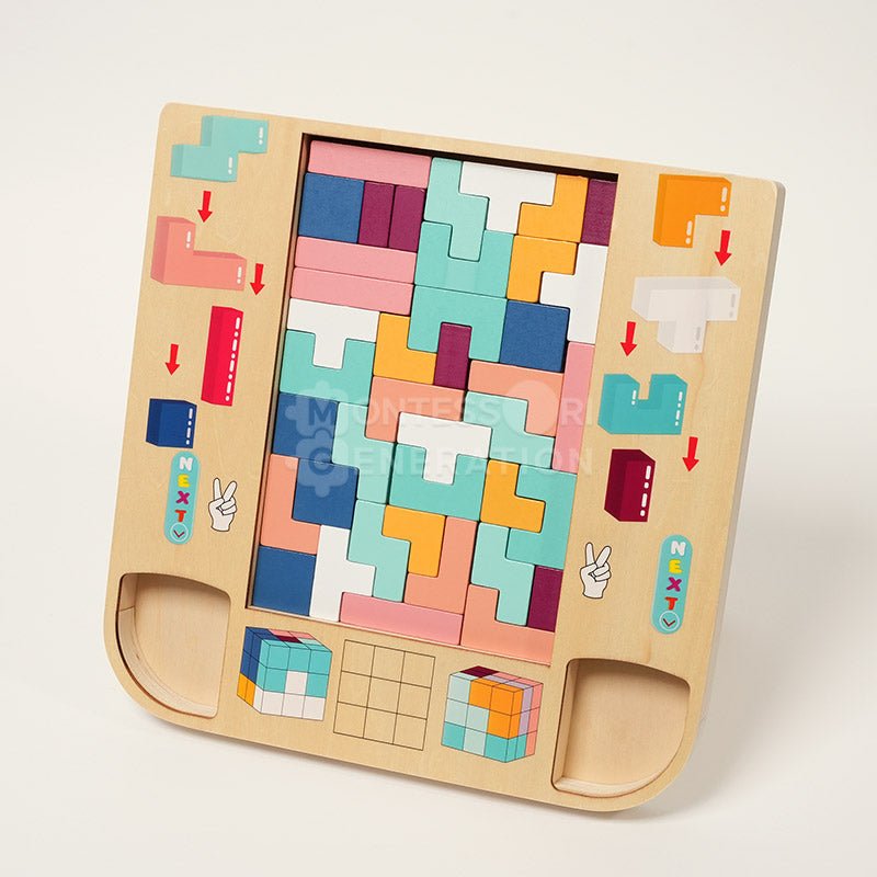 Montessori Tetris treleke for barn, pedagogisk puslespill, utviklingslek i tre.