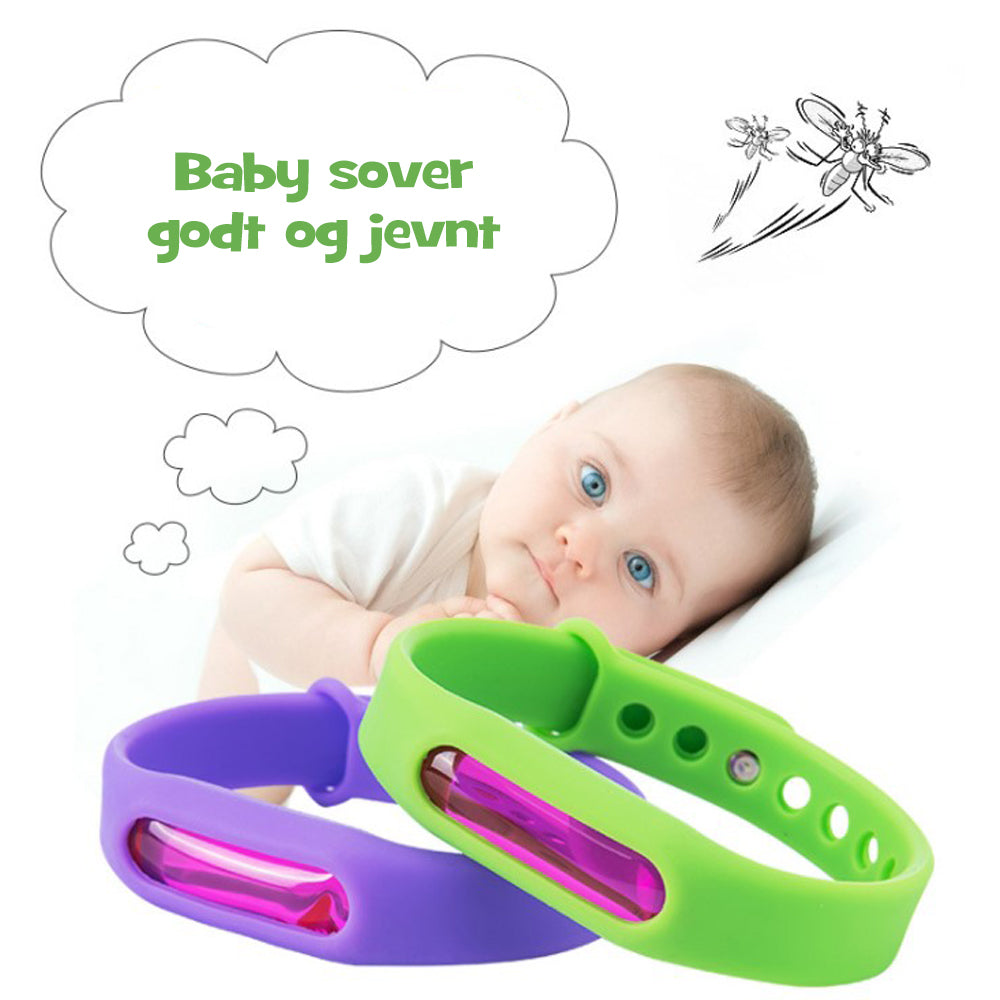 Naturlig myggbeskyttelse med armbånd i silikon, trygt for hele familien ute om sommeren.