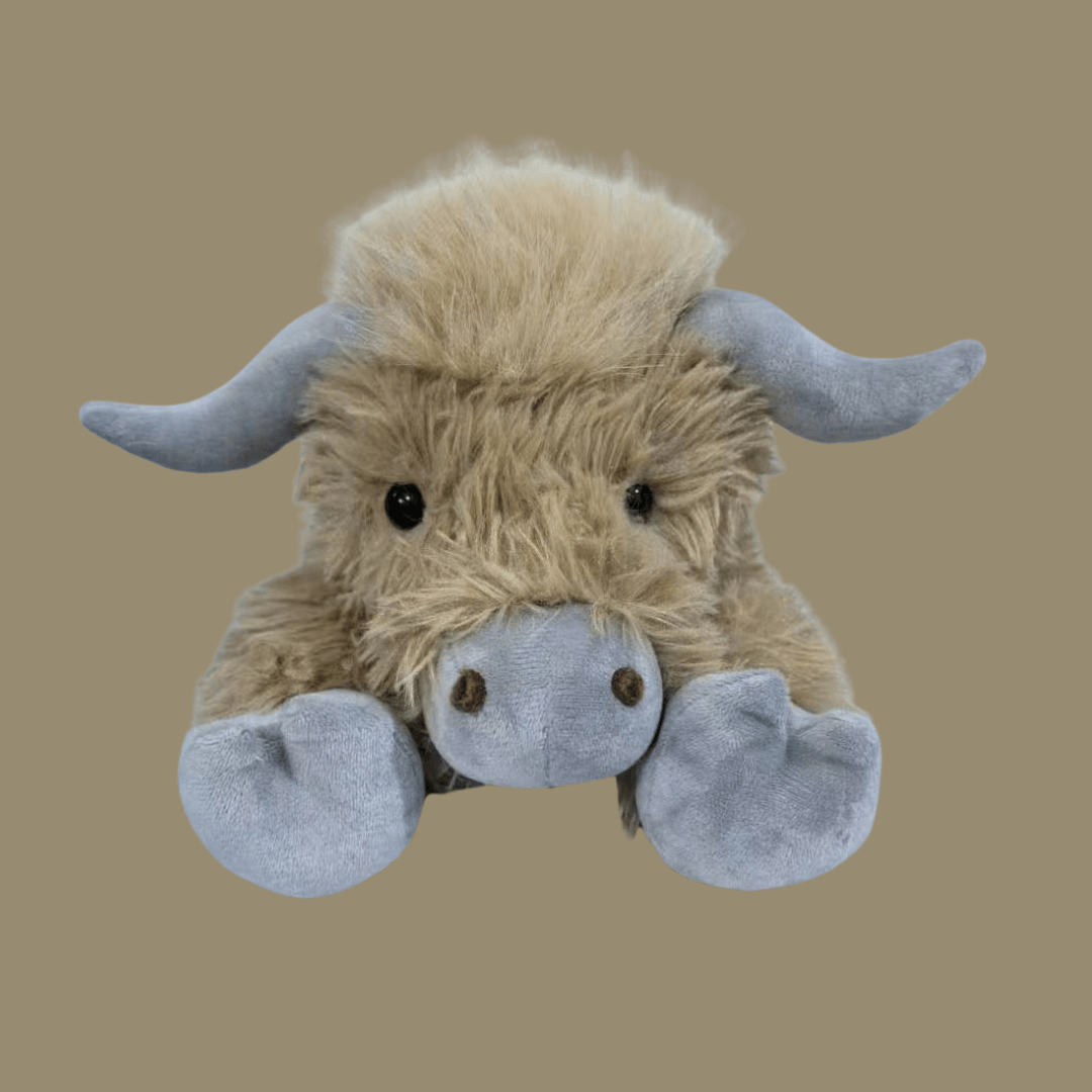 Søt dyreleketøy highland cattle, myk og klembar plysjfigur.