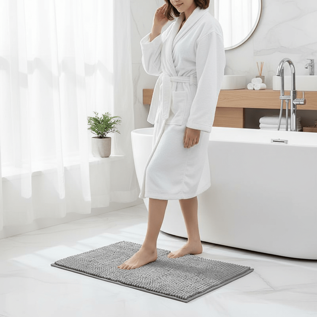 Grå myk sklisikker badematte. Komfortabel og absorberende baderomsmatte for moderne hjem.