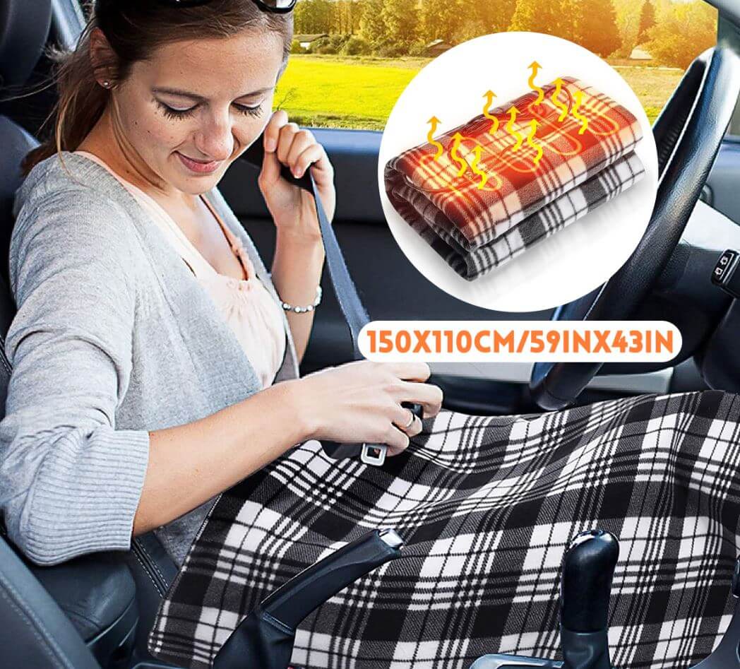 Sammenfoldet elektrisk varmeteppe i fleece, enkelt å pakke med for reise, bil eller oppbevaring.