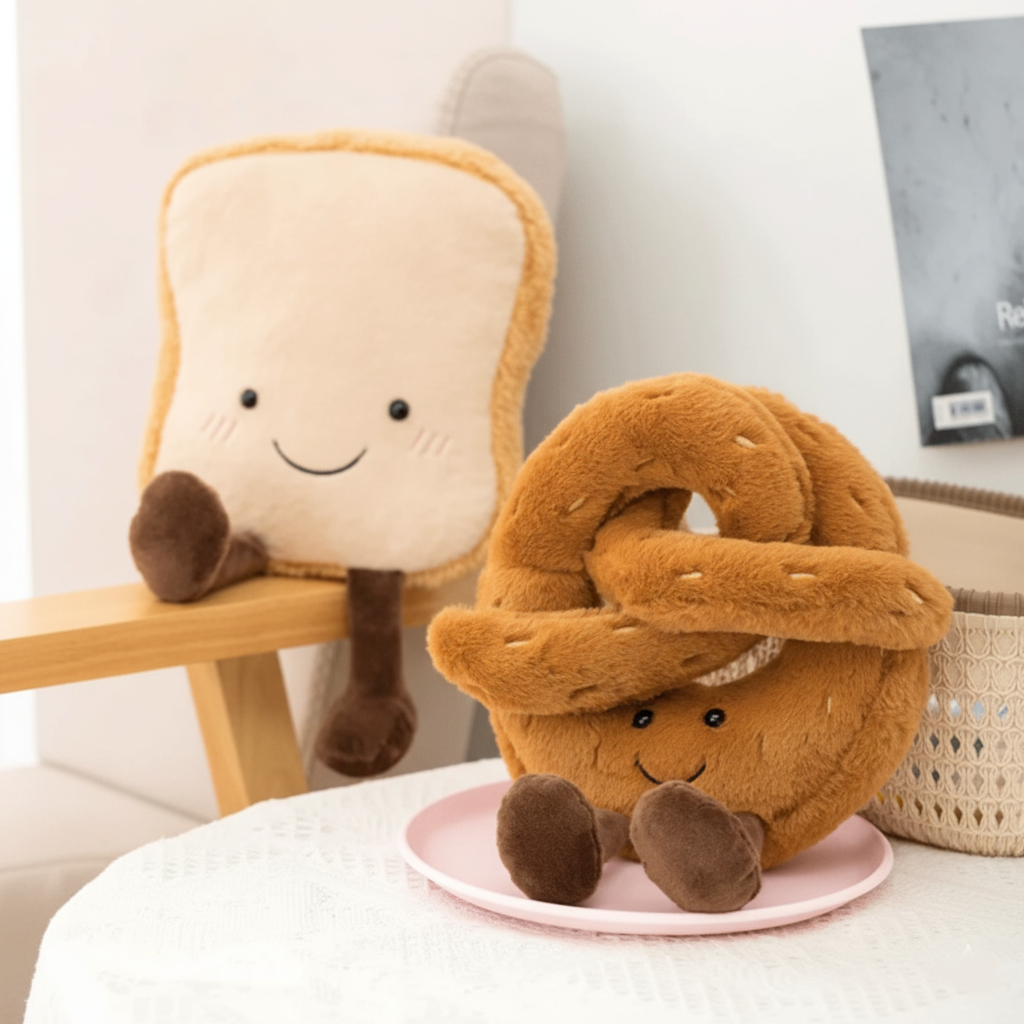 Lang baguette kosedyr, myk plysjleke i autentisk brøddesign. Perfekt for lek, dekor og kos.