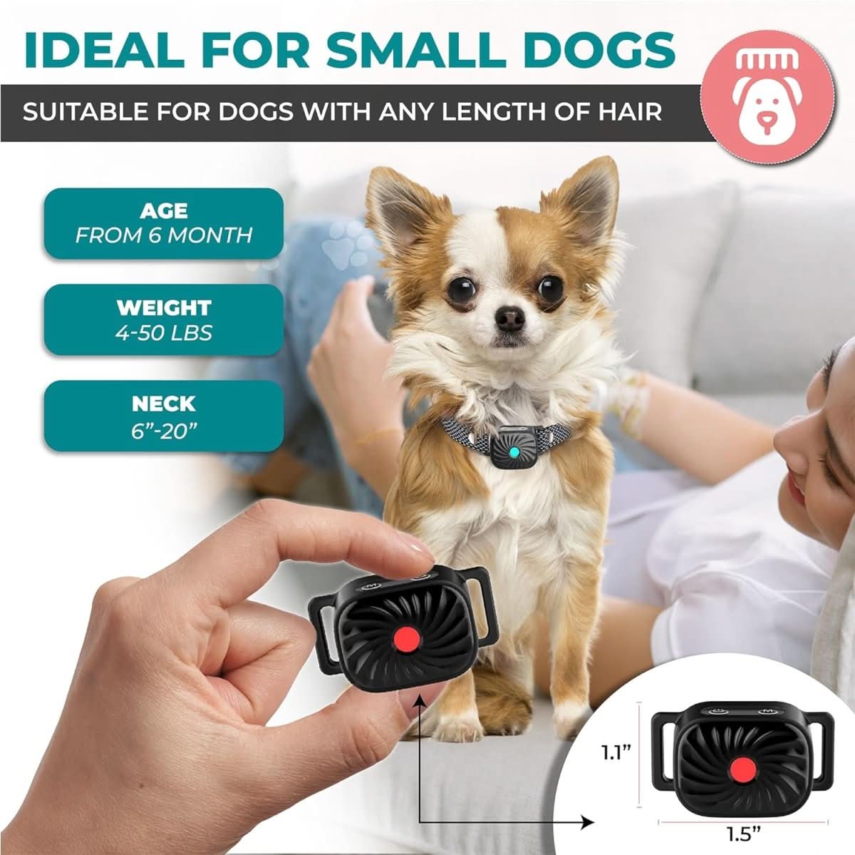 Vanntett anti-bjeffehalsbånd med vibrasjonsfunksjon, designet for små hunder og trygg hundetrening.