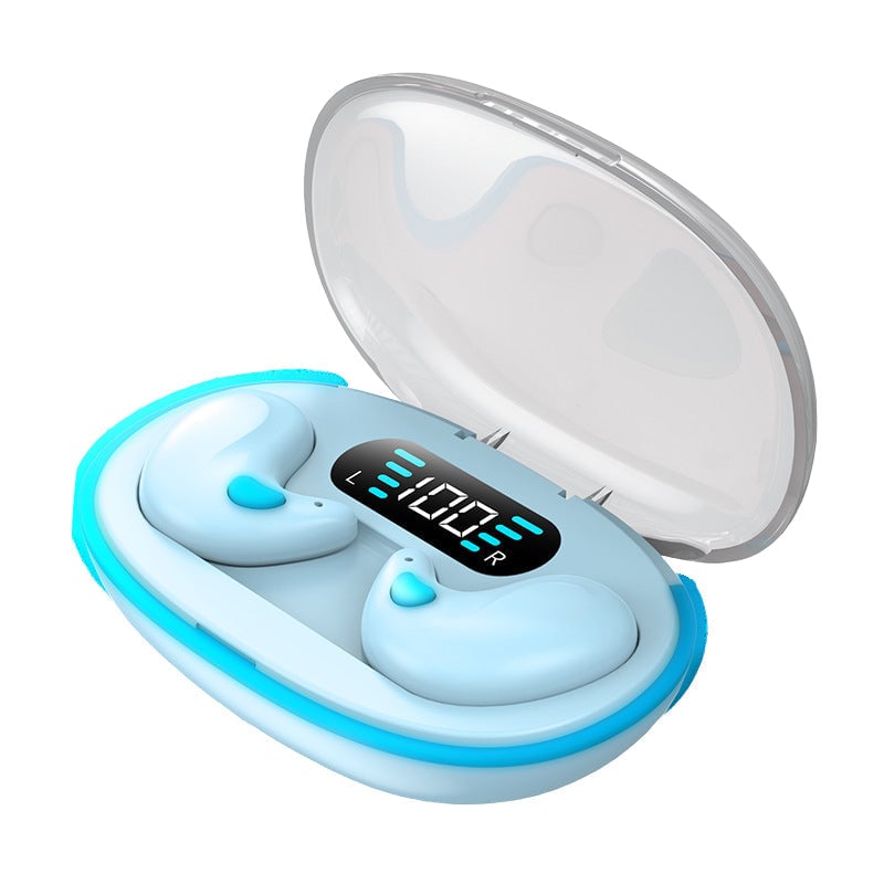 Beinledning ørepropper med mobiltelefon, viser Bluetooth-tilkobling. For lydbok, søvn og avslapning.