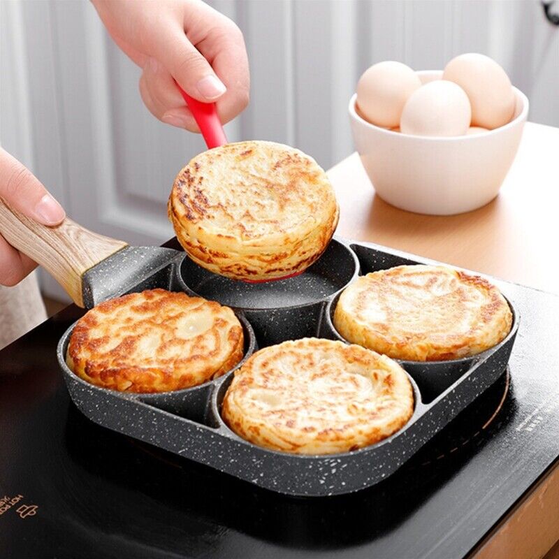 Håndy og grå eggpanne som steker 4 egg perfekt. Nonstick for frokost uten kliss. Induksjonsklar.