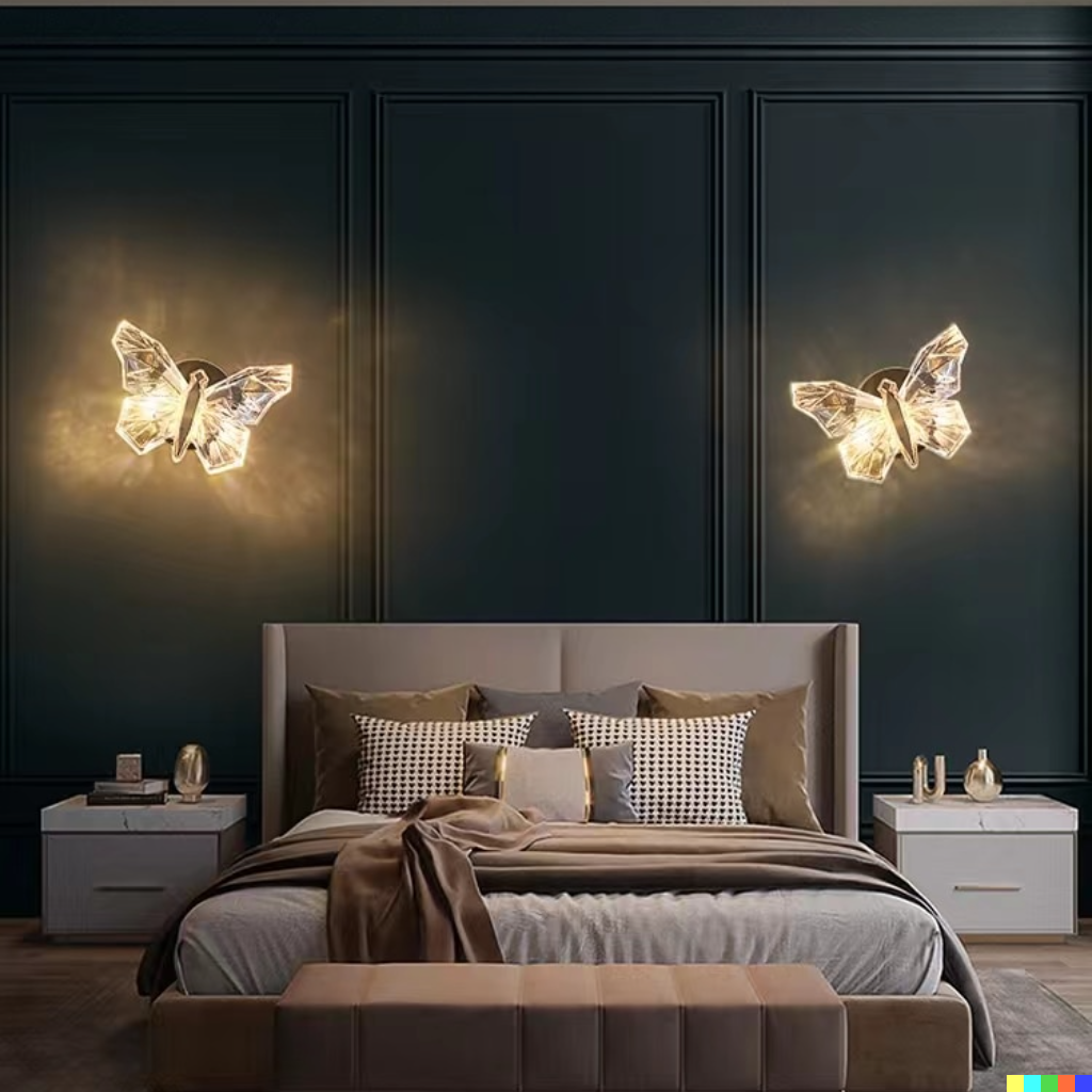 Elegant Nordisk Sommerfugl LED vegglampe. Gullfarget dekorativ belysning som fremhever moderne interiør.