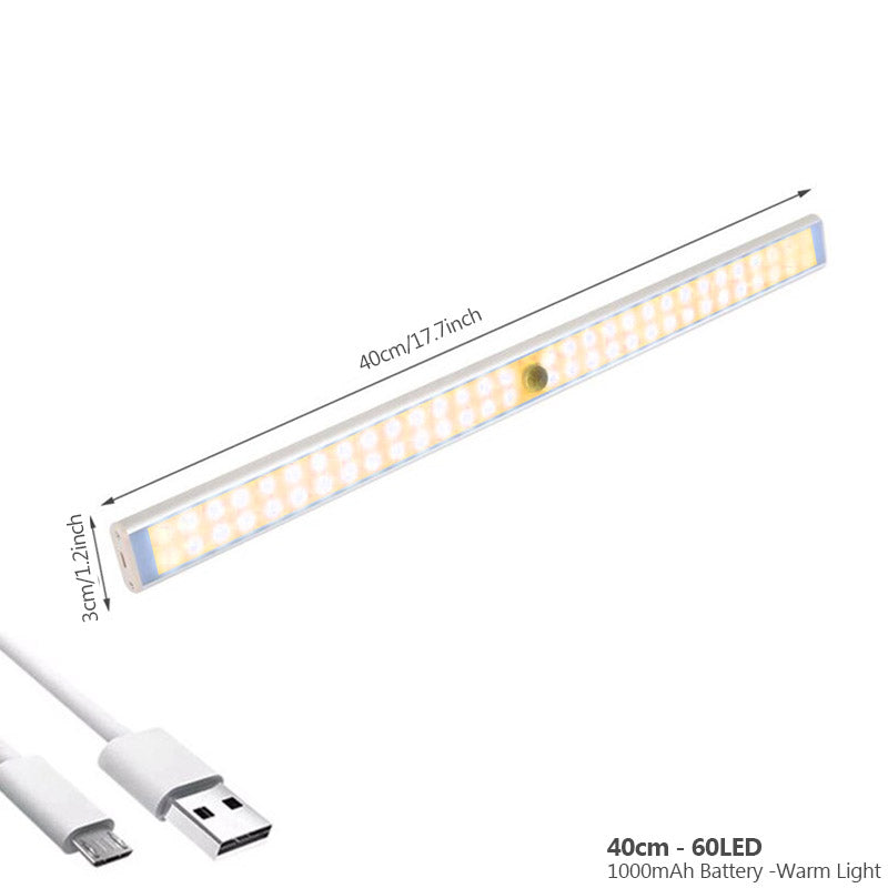 Mykt nattlys fra oppladbar LED lampe med bevegelsessensor. Trådløs belysning for soverommet.