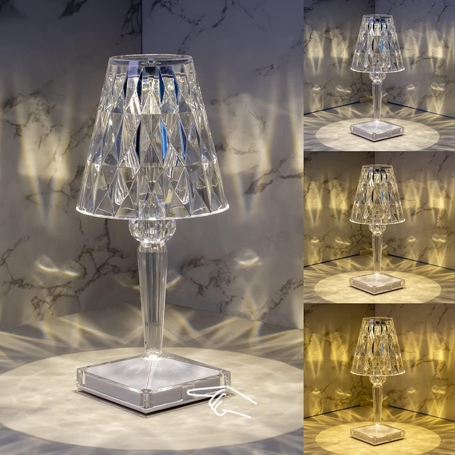 Moderne trådløs LED-lampe med unikt diamant-inspirert utseende, ideell for soverom og interiørbelysning.