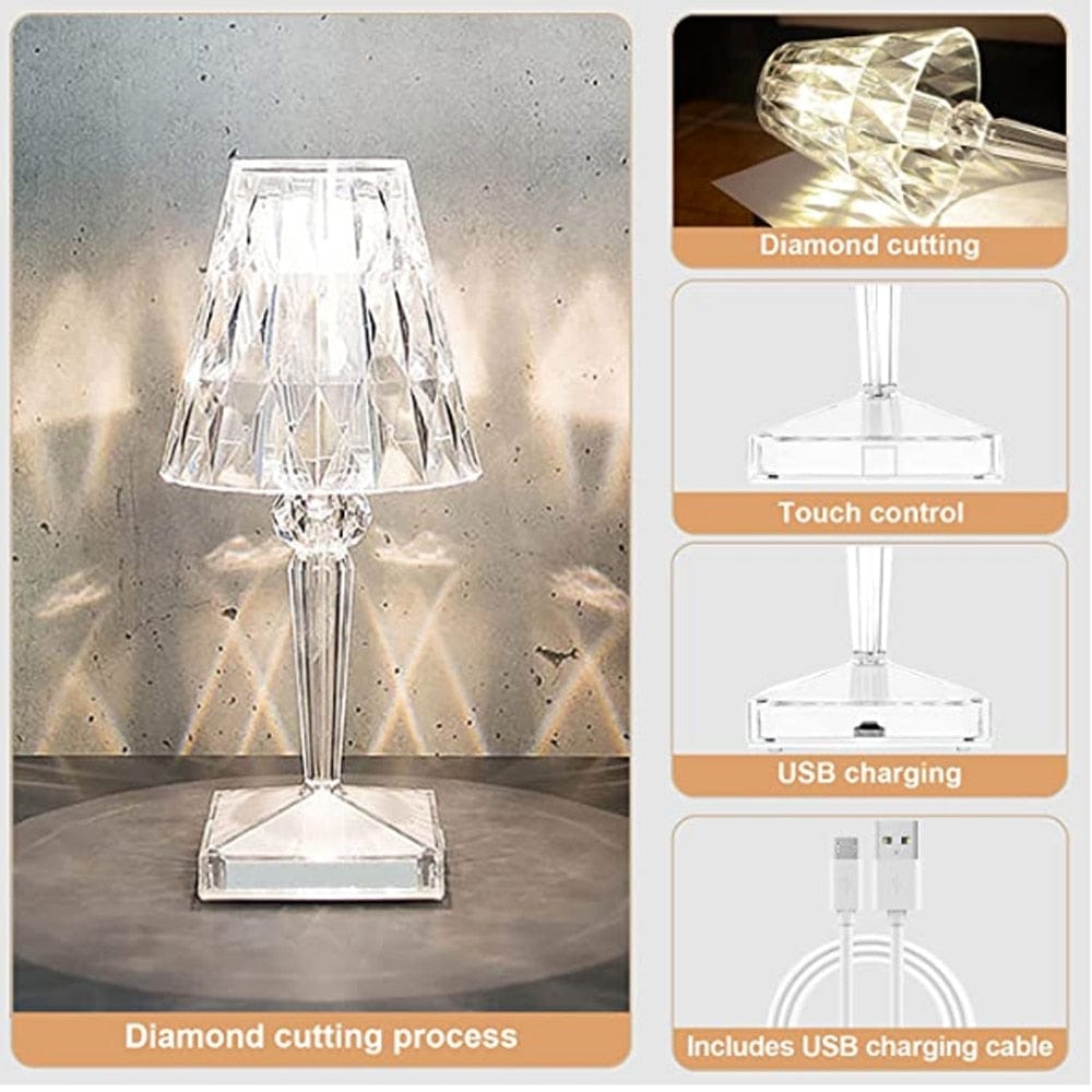 Unik oppladbar LED-lampe med fasett-design som en diamant. Ideell som nattbordslampe eller dekorasjon.