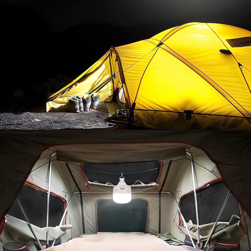 Bruker holder oppladbar LED-lyspære, klar for utendørs belysning og camping.