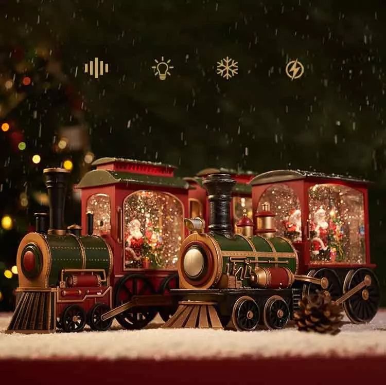 Festlig innendørs juletogdekorasjon med integrert snøeffekt og glødende lys. Ideell vinterpynt.
