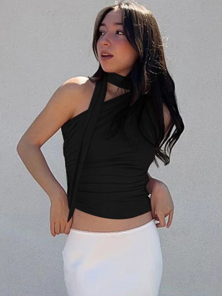 Orange sommertopp, ryggløs off-shoulder crop-topp, trendy for kvinner, gir en flatterende silhuett.