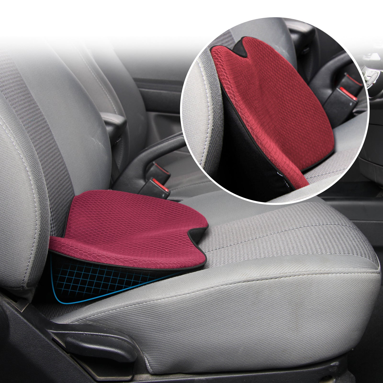 Myk bilsetepute i memory foam, ortopedisk og trykkavlastende for avslappet sitting på reise.