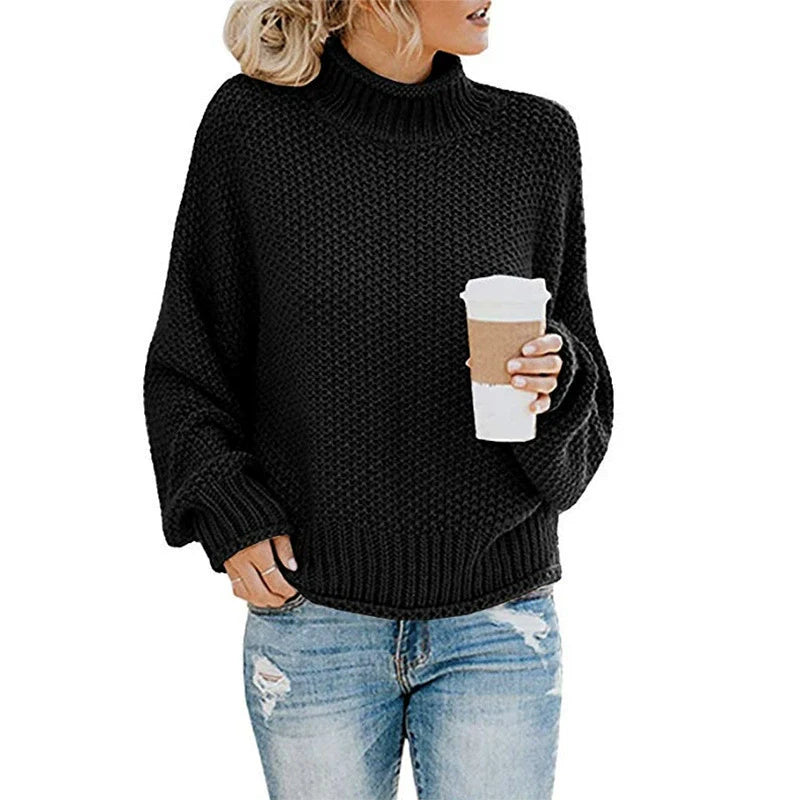 Dame oversized strikkegenser med høy hals. Moderne, varm og komfortabel genser for kjølige dager.