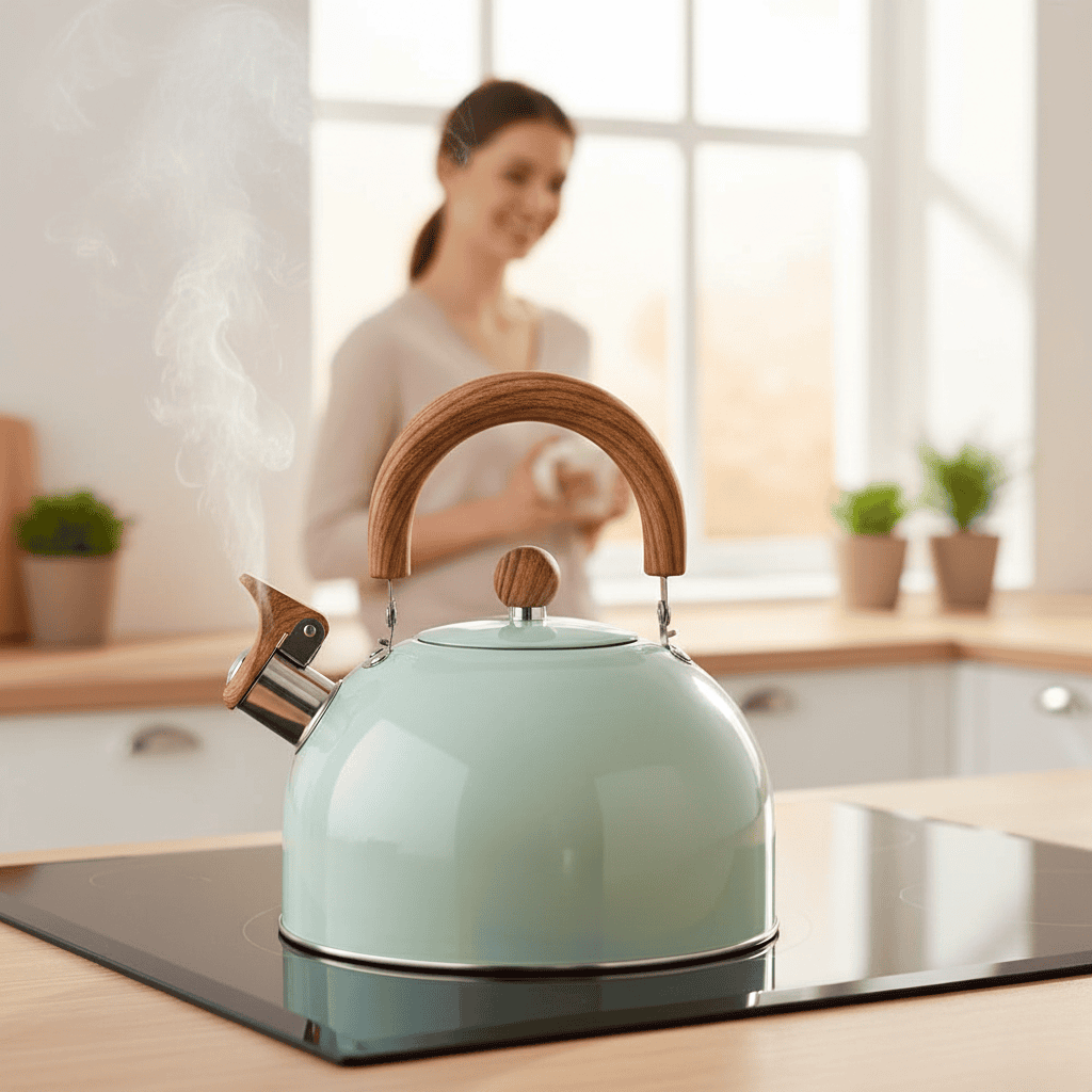 Moderne plystrekjele i børstet rustfritt stål, 3 liter, med håndtak. For koking av vann.
