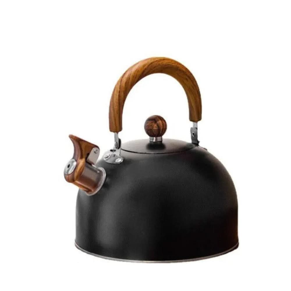 Plystrekjele med svart håndtak og tut i rustfritt stål, 3 liter. Elegant design for kjøkkenet.