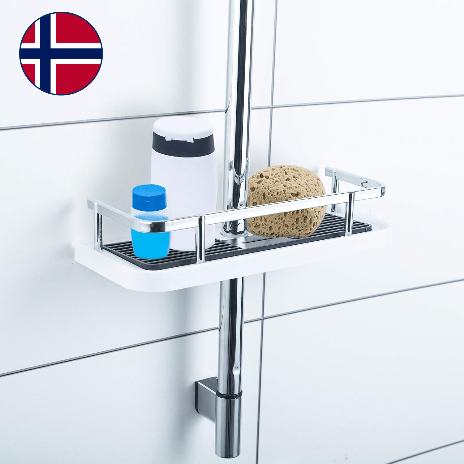 Justerbar dusjhylle i moderne design for baderom. Enkel dusjoppbevaring uten boring, holder hygieneartikler nær.
