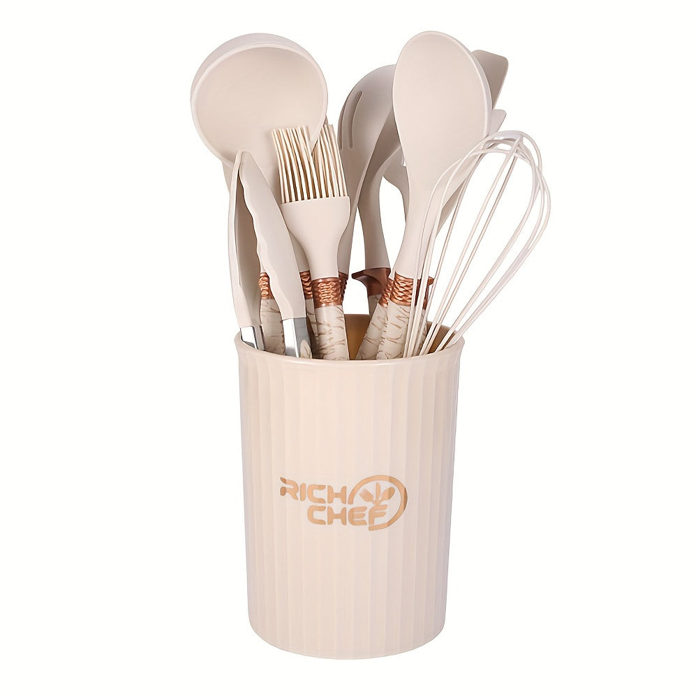 Premium kjøkkenredskapssett med 12 deler i varmebestandig silikon og elegante trehåndtak for non-stick.