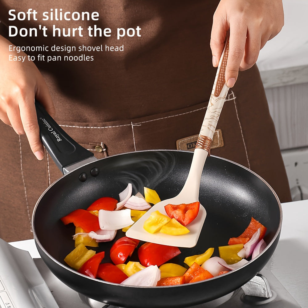 Stor suppeøse med silikonhode og trehåndtak, ideell for non-stick gryter, varmebestandig og lett å rengjøre.