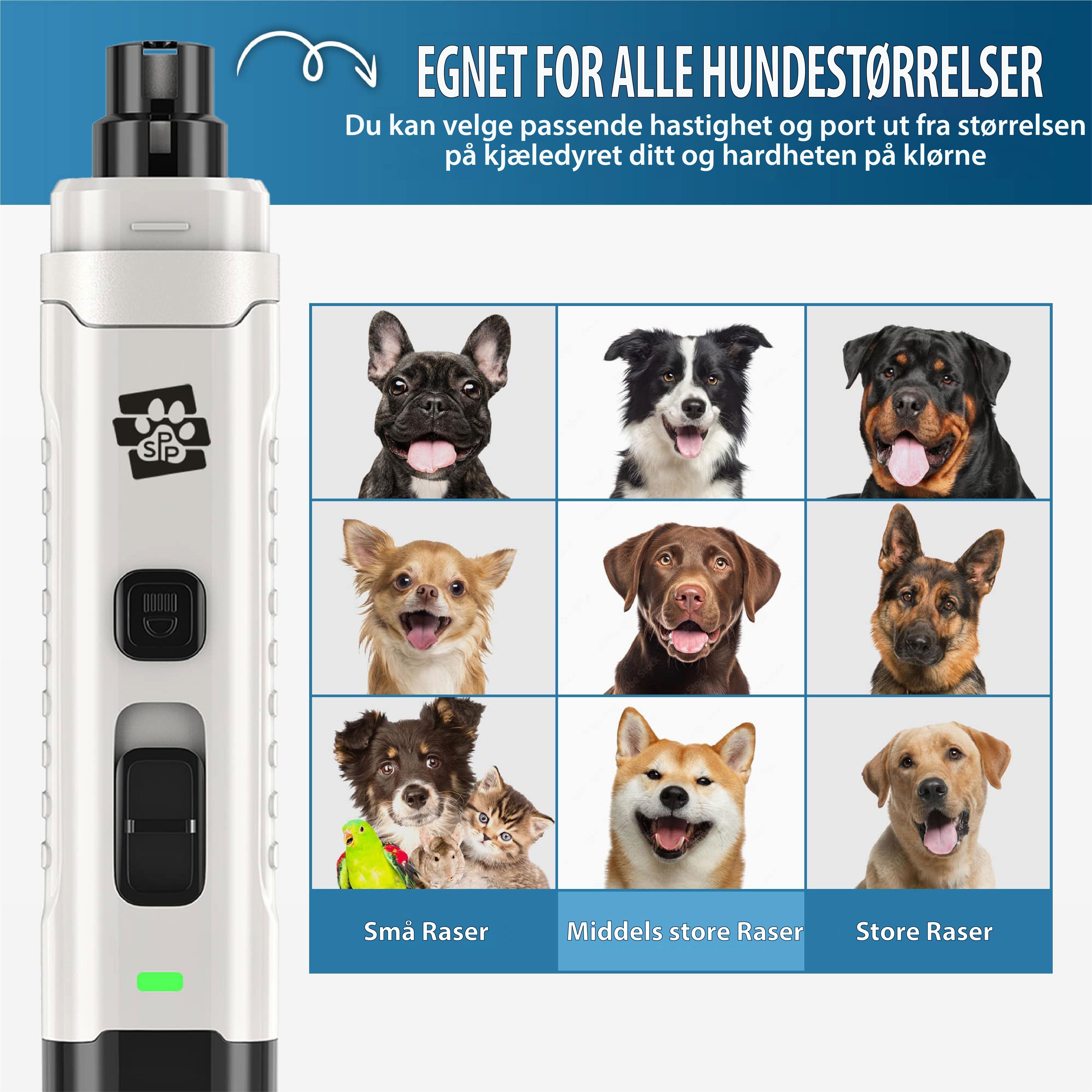 Nærbilde av oppladbar neglesliper for hund. Ergonomisk design for skånsom og presis klopleie til kjæledyr.