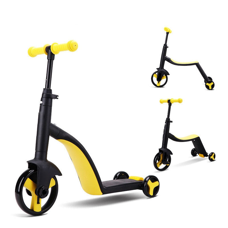 Gul trehjulssykkel og barnescooter for småbarn. Støtter utvikling og motorikk under utelek.