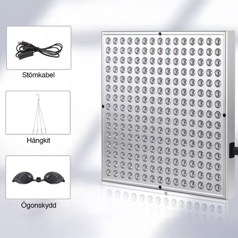 Kompakt rødlysterapi panel for velvære og skjønnhet i hjemmet. Ideelt for daglig lysbehandling.