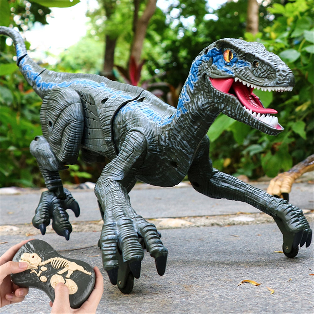 Lekende Velociraptor RC dinosaur. Viser den fjernstyrte dinosauren i aksjon, et fantastisk leketøy for nysgjerrige barn.