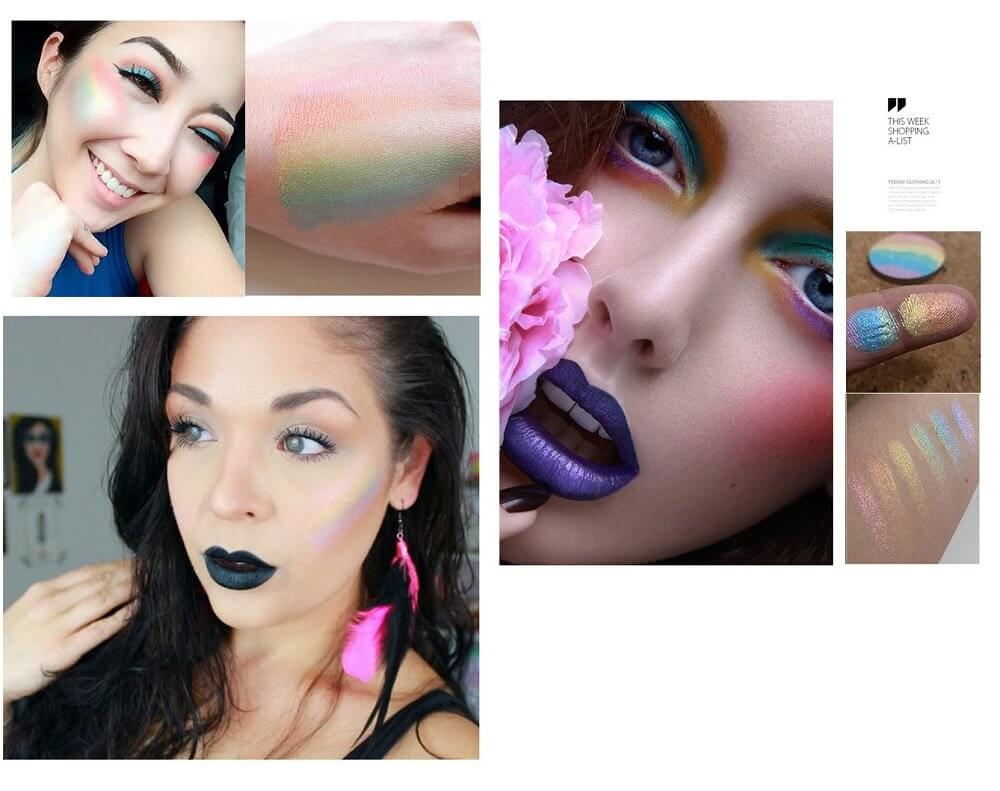 Makeup regnbue palett med glød, skimmer, highlighter og contour for ansikt og øyne.