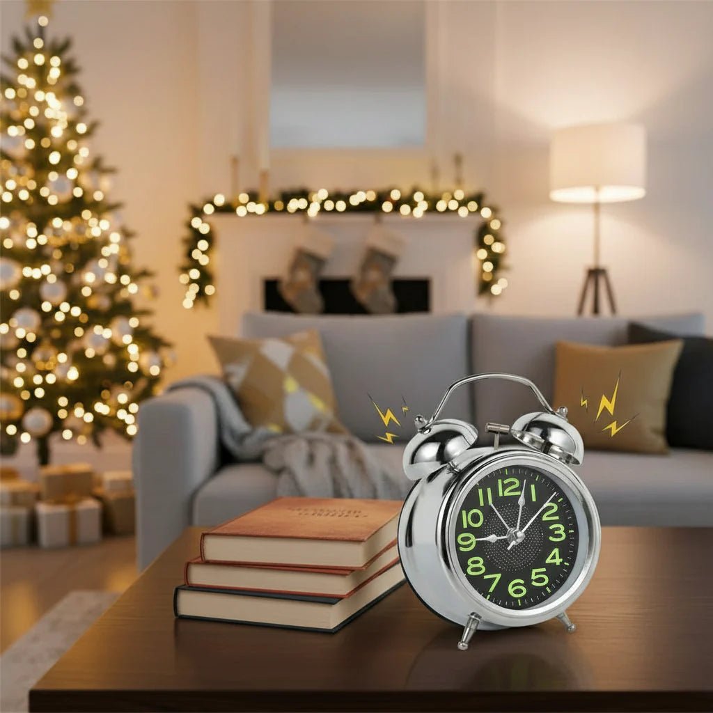 Elegant retro design vekkerklokke i metall, perfekt for soverommet med sterk alarm.