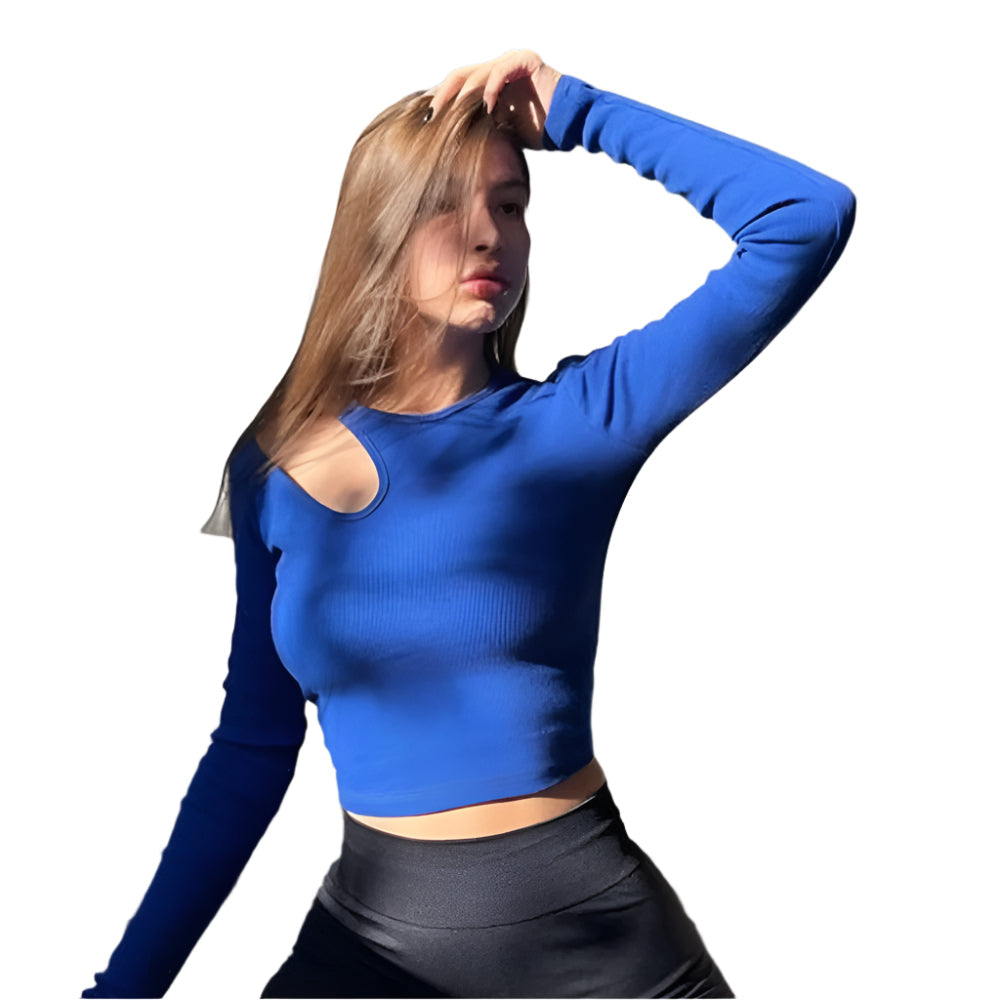 Trendy ribbet langermet crop topp i mykt stoff, perfekt for kvinner.