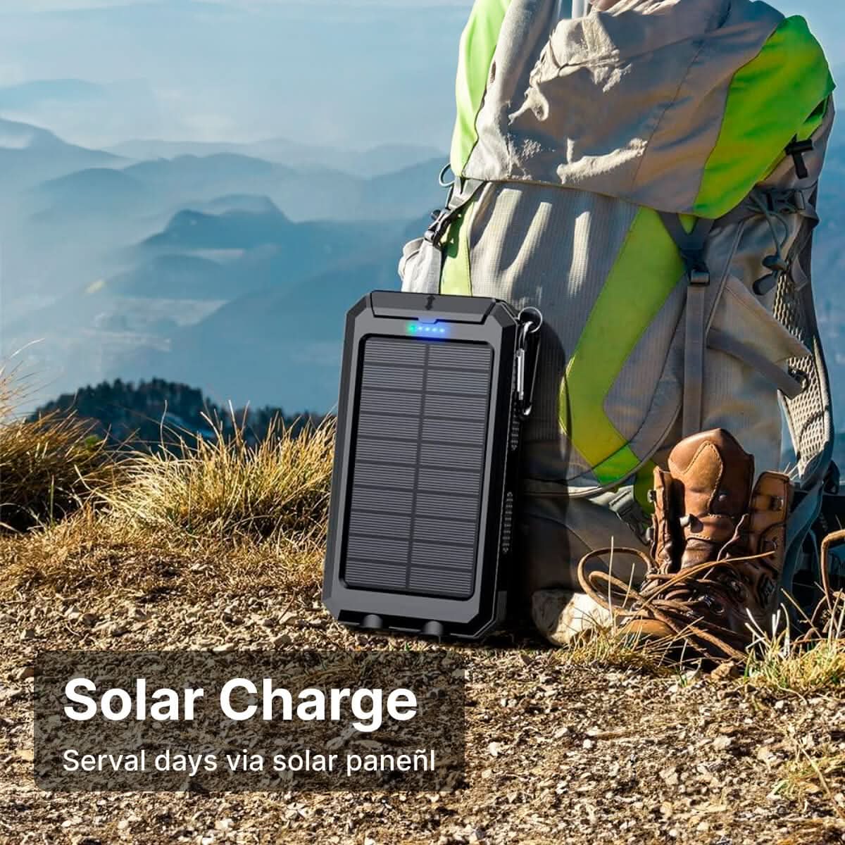 30000mAh vanntett powerbank, robust og bærbar, med solcellelading for eventyr.