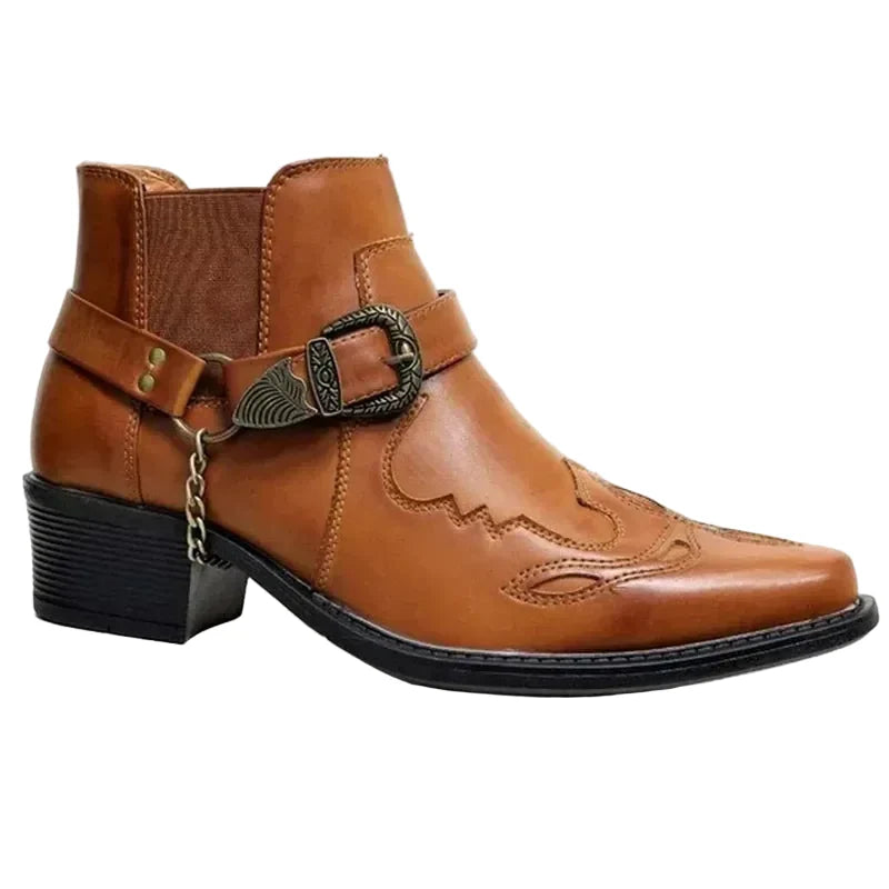 Robuste herre cowboy støvler i vintage stil med kul kjededetalj og spiss tå, perfekt for en rocka look.